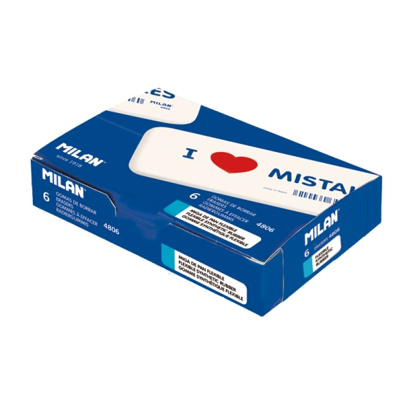 Milan 4806 Gomas de Borrar Biseladas - Miga de Pan - Caucho Sintetico - Envueltas Individualmente - Gigantes - Color Blanco · Pack de 6 uds.