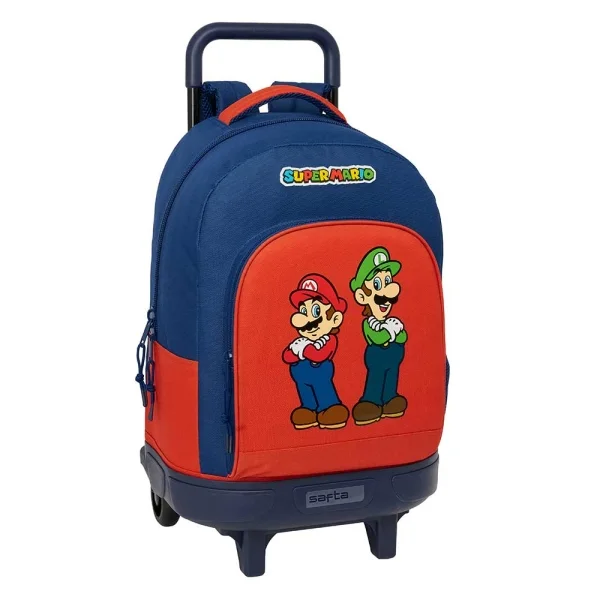 Safta Super Mario Mamma Mia Mochila con Carro - Extraible - Bolsillo Frontal - Portabotellas - Tirador Doble - Hombreras Acolchadas - Tarjeta ID - 33L - 330x220x450mm - Color Rojo y Azul