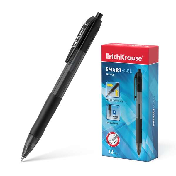 Erichkrause Boligrafo de Gel Automatico Smart-Gel - Punta Normal - Cuerpo Translucido Redondo - Agarre Comodo - Tinta de Gel de Secado Rapido - Longitud de Linea Continua de 500m - Espesor de 04mm - Color Negro · Pack de 12 uds.