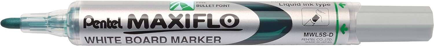 Pentel Maxiflo Rotulador para Pizarra Blanca - Punta de Bala - Ancho de Linea 2mm - Regulacion del Flujo de Tinta - 50% de Materiales Reciclados - Color Verde · Pack de 12 uds.