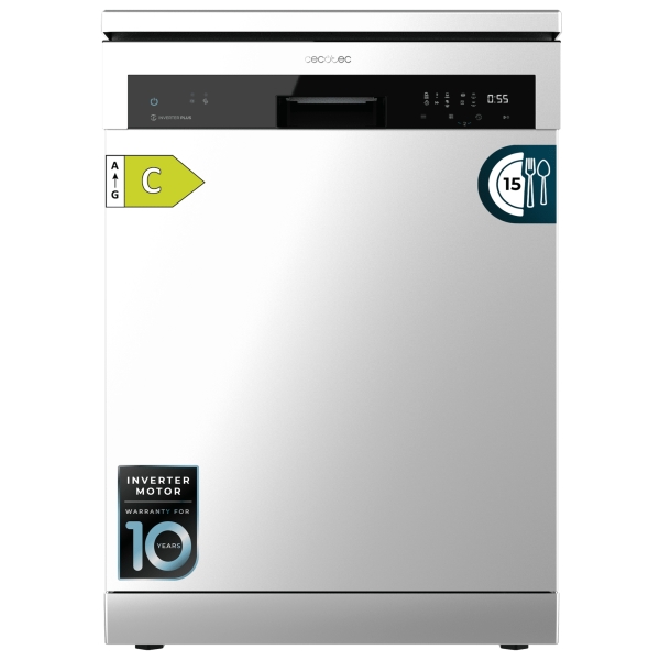 Cecotec Bolero Aguazero 6500 Inox C Lavavajillas de 60cm - 15 Cubiertos - Bandeja para Cubiertos - 6 Programas - Motor Inverter - Inicio Programable - Funcion Media Carga - Color Acero