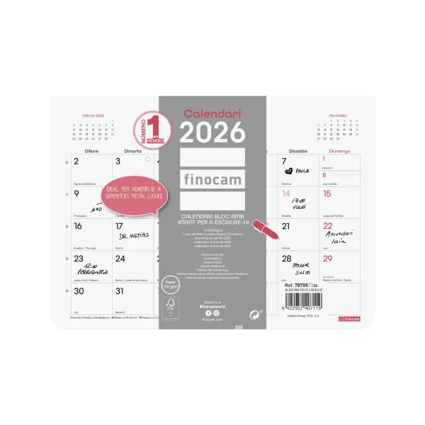 Finocam Chic Calendario Imantado en Catalan - Anual 2026 - Bloc Encolado - 210x6x150mm - Espacio para Escribir - Color Blanco