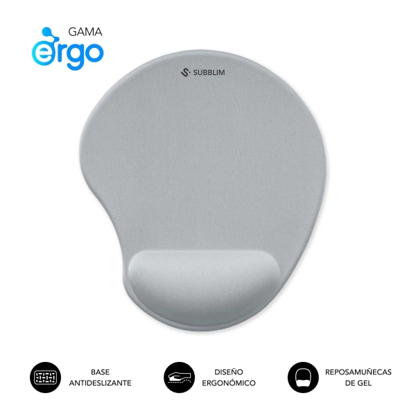 Subblim Ergo Neogel Alfombrilla Ergonomica para Raton - Espuma Elastica - Microtexturizada Impermeable - Base Antideslizante - Color Plata