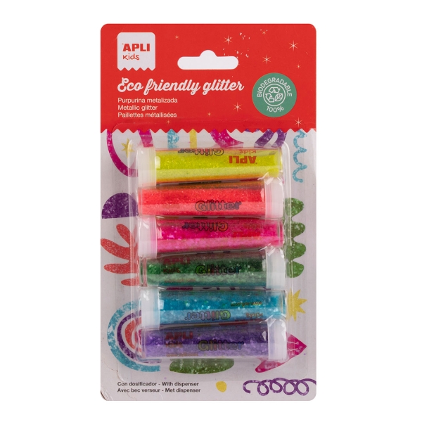 Apli Pack con 6 Botes de Purpurina Biodegradable 6gr por Bote - Colores Fluor Surtidos