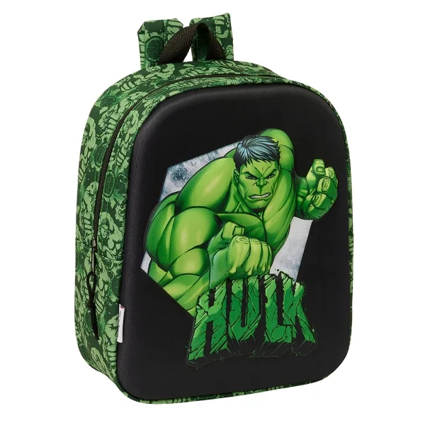 Safta Hulk Mochila Guarderia 3D - Asa de Mano - Compartimento Principal con Cremallera - 22x27x10cm - Color Negro/Verde