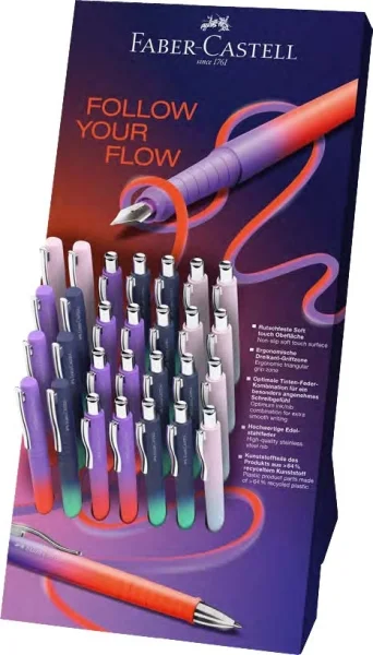 Faber-Castell Poly Ball Flow Edition Expositor con 22 Boligrafos Retractiles XB + 8 Plumas Estilograficas - Suave al Tacto - Colores Surtidos