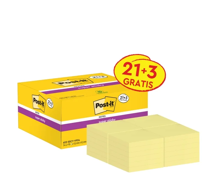 Post-It Super Sticky Pack de 24 Blocs de 90 Notas Adhesivas Reposicionables - 47.6x47.6mm - Promocion 21 Blocs + 3 Gratis - 100% PEFC - Color Amarillo Claro