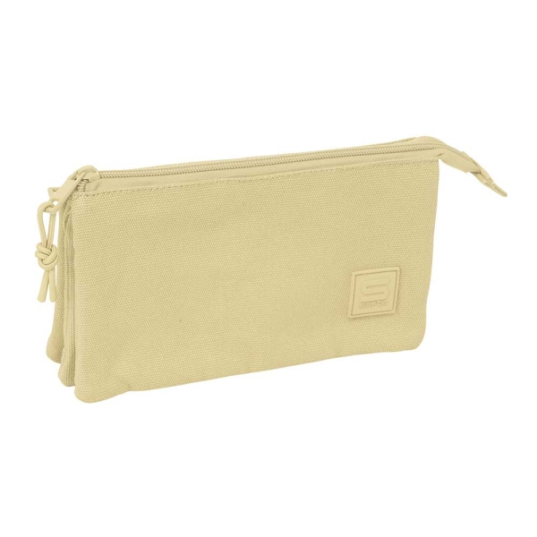 Safta Basic Portatodo - 3 Compartimentos con Cremallera - Bolsillo Interior Central - 22x12x3cm - Color Beige