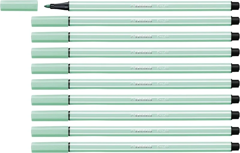 Stabilo Pen 68 Rotulador de Punta de Fibra - Trazo de 1mm aprox. - Tinta con Base de Agua - Color Verde Hielo · Pack de 10 uds.