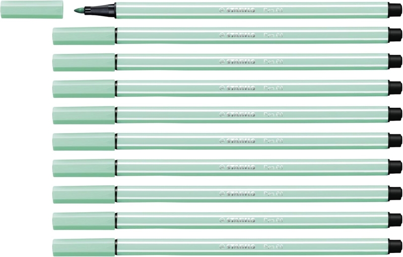 Stabilo Pen 68 Rotulador de Punta de Fibra - Trazo de 1mm aprox. - Tinta con Base de Agua - Color Verde Hielo · Pack de 10 uds.