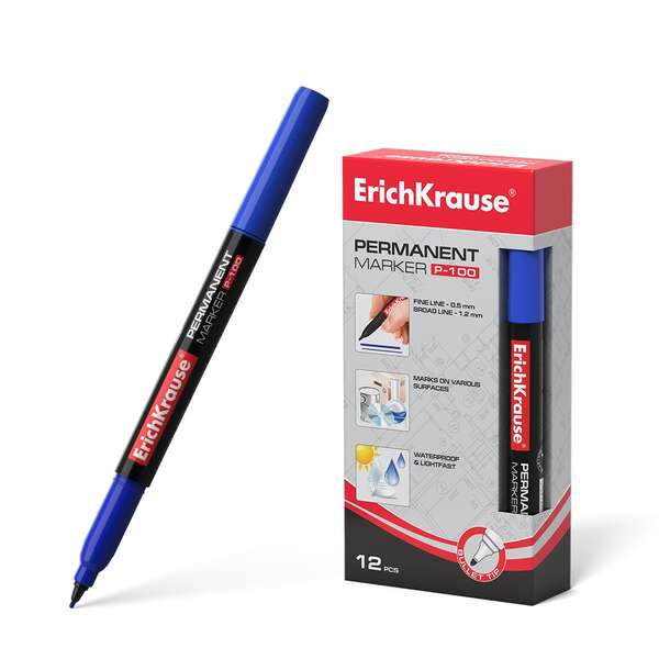 Erichkrause P-100 Marcador Permanente - Punta Fina - Trazo de 0.5 a 1.2mm - Resistente al Agua y a los Rayos UV - Color Azul · Pack de 12 uds.