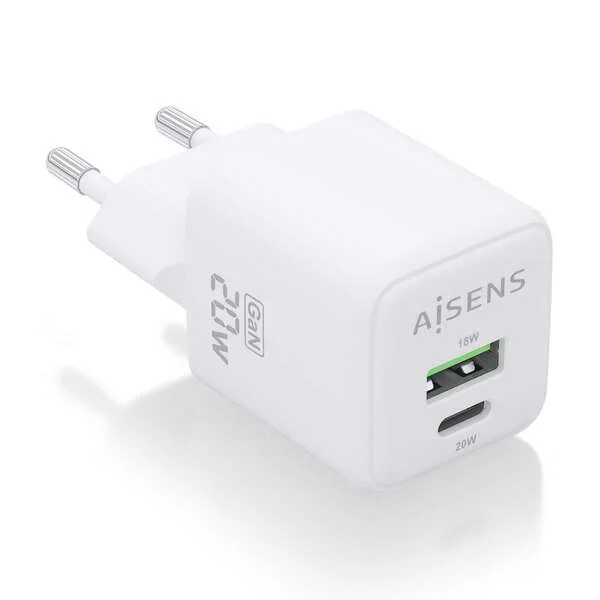 Aisens Cargador Gan 20W - 1xUSB-C PD3.0 QC4.0 - 1xUSB-A QC3.0 - Color Blanco