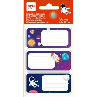 Apli Etiquetas Adhesivas Escolares Planetas - Tamaño 81x36mm - 9 Etiquetas en 3 Hojas - Adhesivo Permanente de Alta Calidad - Diseño Planetas - Color Blanco · Pack de 5 uds.