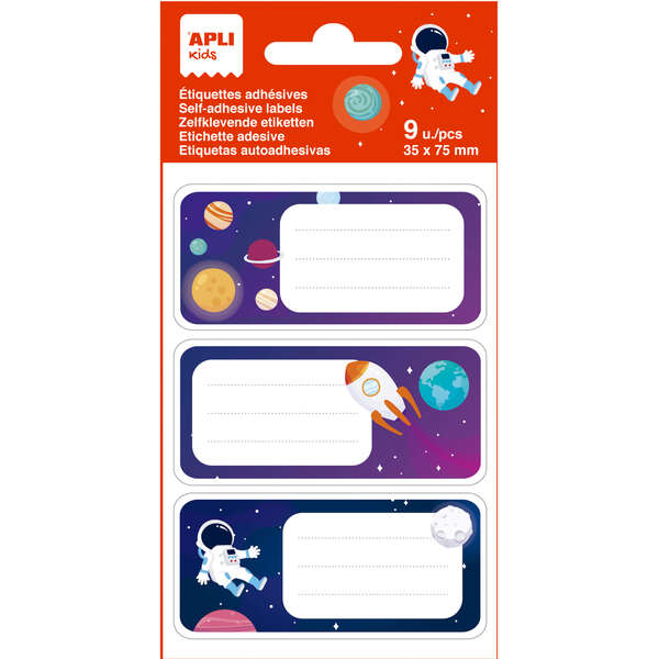 Apli Etiquetas Adhesivas Escolares Planetas - Tamaño 81x36mm - 9 Etiquetas en 3 Hojas - Adhesivo Permanente de Alta Calidad - Diseño Planetas - Color Blanco · Pack de 5 uds.