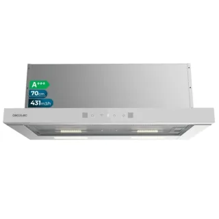 Cecotec Bolero Flux TLT 704400 Glass White A+++ Campana Extractora Telescopica de 70cm - 431.2m3/h - LED - Pantalla - Acero Inoxidable - Filtros Aptos para Lavavajillas - Filtros de Carbono