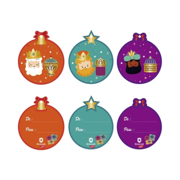Bismark Pack de 18 Tarjetas Redondas de Felicitacion Navideña - Diseño Foil Reyes Magos - Se Pueden Colgar - Incluyen Cordon - 3 Diseños Diferentes