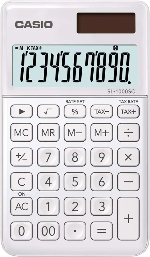 Casio SL-1000SC Calculadora de Bolsillo - Pantalla Extragrande de 10 Digitos - Alimentacion Solar y Pilas - Color Blanco