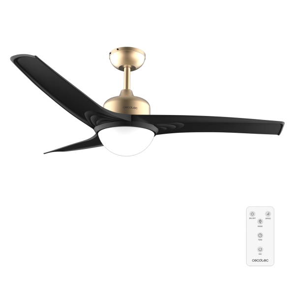 Cecotec EnergySilence Aero 560 GoldBlack Ventilador de Techo con 3 Aspas y Luz Integrada - 60W - Diametro de 52" - LED de 18W - Mando a Distancia - Temporizador - 3 Velocidades - Color Dorad