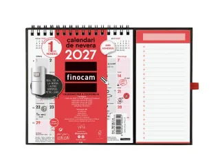 Finocam Neutro Calendario con Iman en Catalan - Anual 2027 - Mes Vista - Formato XS - 140x150mm - Base 220x160mm - Espiral Doble - Papel de 120g/m2 - Espacio para Escribir - Color Rojo y Bla
