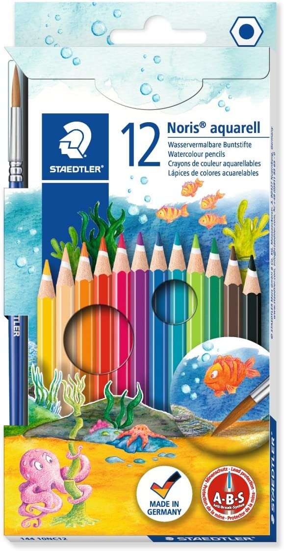 Staedtler Noris Aquarell Pack de 12 Lapices Hexagonales de Colores + Pincel - Refuerzo de Mina para Mayor Resistencia a la Rotura - Madera de Bosques Sostenibles - Colores Surtidos