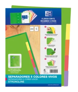 Oxford Strongline A4 Separadores 5 Posiciones - 4 Taladros - Cartulina 200gr - Colores Surtidos · Pack de 25 uds.