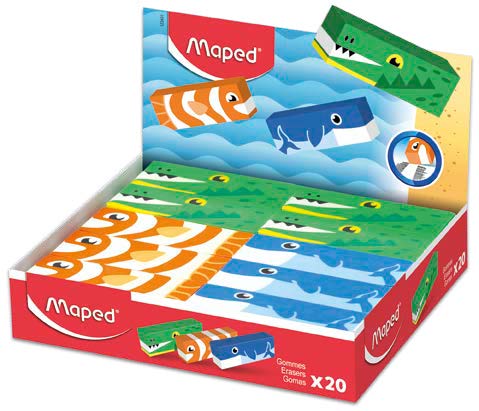 Maped Expositor de 20 Gomas de Borrar con 3 Diseños de Animales - Forma Rectangular - Sin Ftalatos - Colores Surtidos