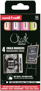 Uni-ball Chalk PWE-5M Pack de 4 Marcadores de Tiza Liquida - Punta Conica 1.8-2.5mm - Borrado en Humedo - Resistente a la Lluvia - Ideal para Pizarras y Vidrio - Colores Violeta, Amarillo, N