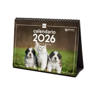 Finocam Calendario de Sobremesa - Anual 2026 - Imagenes Variadas - Espacio para Escribir - Tematica de Perros y Gatos