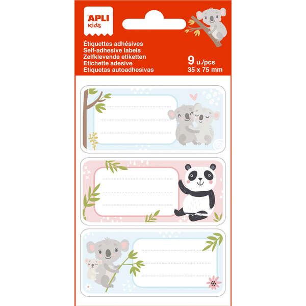 Apli Etiquetas Adhesivas Escolares Koala - Tamaño 81x36mm - 9 Etiquetas por Bolsa - Adhesivo Permanente de Alta Calidad - Color Blanco · Pack de 5 uds.