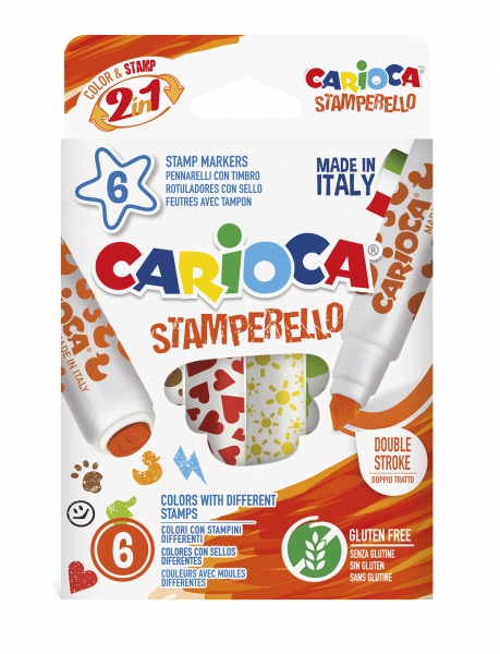 Carioca Stamperello Pack de 6 Rotuladores con Sellos - Doble Punta - 6 Colores Diferentes - Tinta Lavable Atoxica - Color Varios