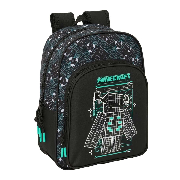 Safta Minecraft Screen Mochila Infantil - Portabotellas - Bolsillo Frontal - Adaptable a Carro - Hombreras Acolchadas - 26x34x11cm - Color Negro