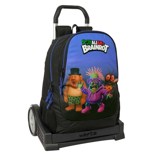 Safta Brainrot Mochila con Carro - Extraible - 23L - Portabotellas - Cremallera con Doble Tirador - Asa de Mano - Espalda Acolchada Antisudor - 32x44x16cm - Color Negro y Azul
