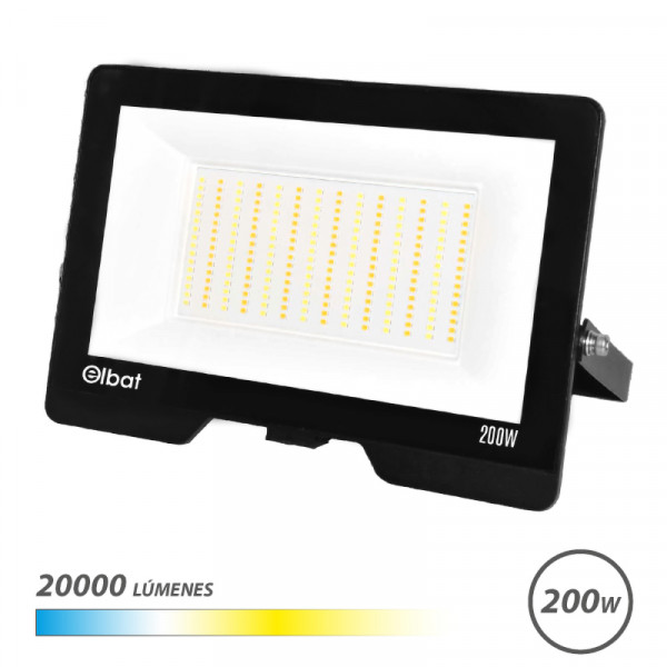 Elbat Serie Lumax Foco LED - Potencia 200W - Flujo Luminoso 20.000lm - CCT 3 en 1 - 3000K / 4000K / 6500K - IP65 - Apertura 120º - Exterior - Vida Util hasta 50.000h - 380x260x28mm - Color Negro