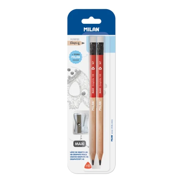Milan Maxi Pack de 2 Lapices + Goma + 1 Sacapuntas - Dureza Media HB - Color Rojo