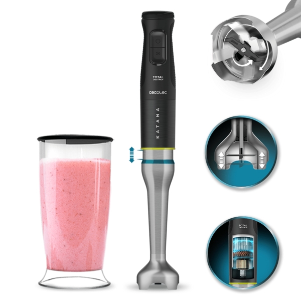 Cecotec Katana 15 TotalDestroy Jar Batidora de Mano - 1500W - Cuchillas de Titanio Efecto Tijera - Funcion Oscilante - 21 Velocidades - Campana Antisalpicaduras - Vaso 800ml con Tapa - Turbo