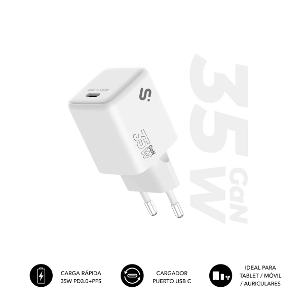 Subblim Cargador de Pared GaN 35W - USB-C - Carga rápida - Color Blanco