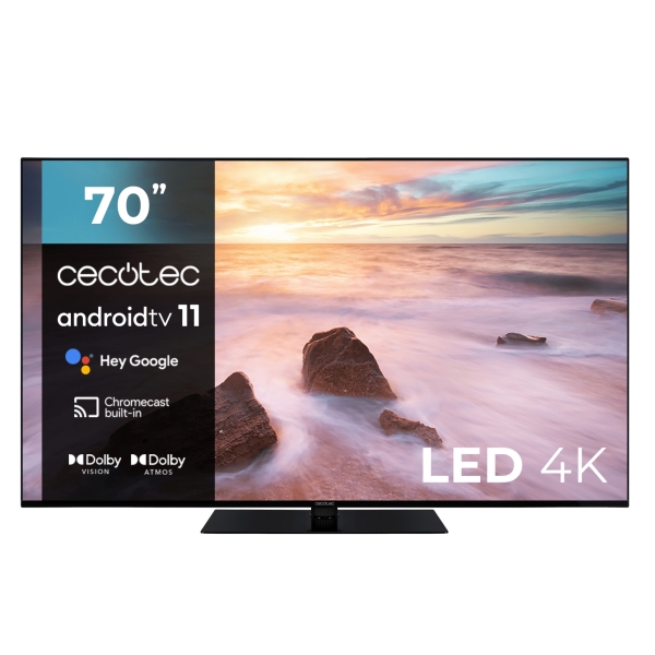 Cecotec A2 series ALU20070ZS Televisor Smart TV sin Marco de 70" LED con Resolucion 4K UHD - Android TV 11 - Chromecast Integrado - Dolby Vision y Atmos - HDMI 2.1 48Gb - Peana Central - Color Negro