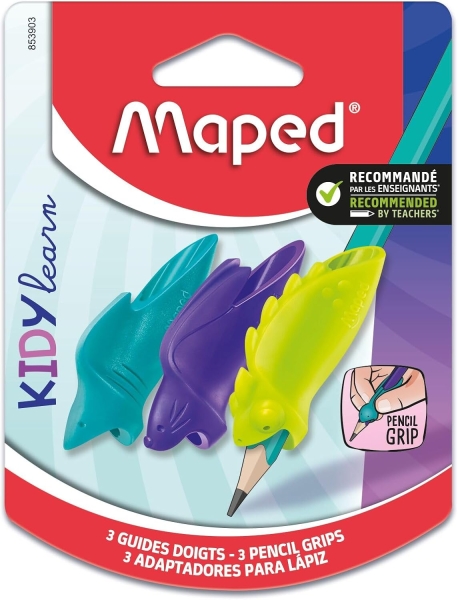 Maped Kidy Lern Pack de 3 Guias de Lapiz para Dedos - 3 Modelos Tiburon, Camaleon y Conejo - Apta para la Mayoria de Lapices - Para Alumnos de 3 a 7 Años