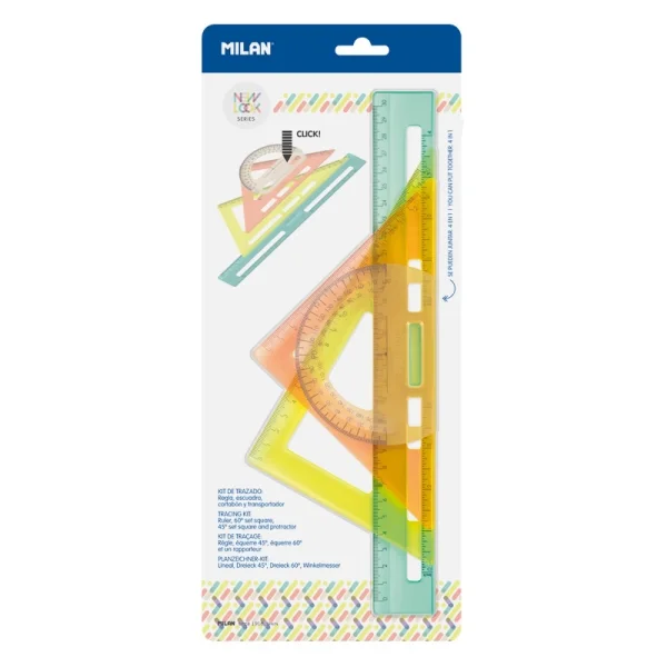 Milan New Look Pack de Reglas de Trazado - Plastico Rigido - Transparente - Centimetros y Pulgadas - Colores Surtidos
