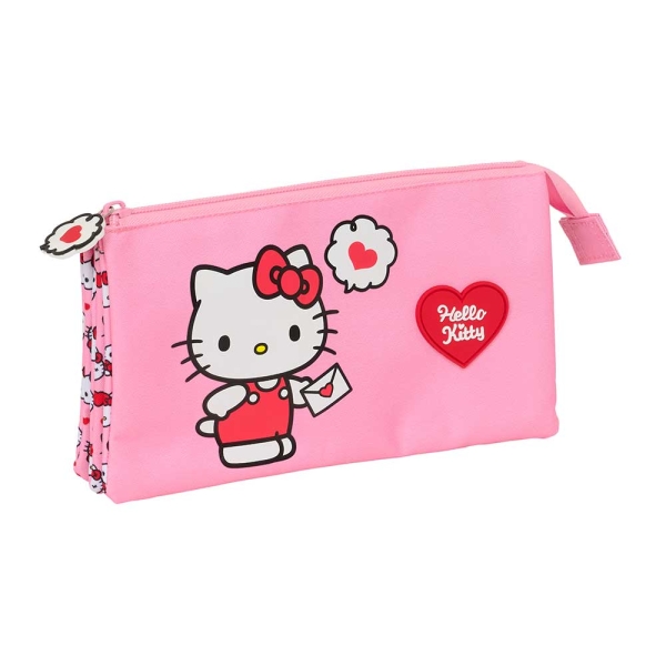 Safta Hello Kitty Portatodo - 3 Compartimentos con Cremalleras - Bolsillo Interior - 0.6L - 220x30x120mm - Color Rosa