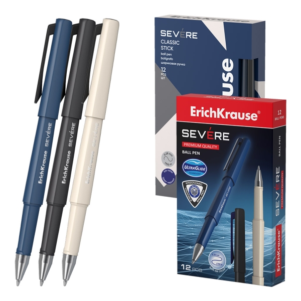 ErichKrause Severe Stick Classic Boligrafo con Capuchon - Modelos Surtidos - Trazo 0.28mm - Color Azul · Pack de 12 uds.