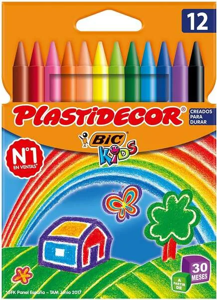 Bic Kids Plastidecor Caja de 12 Lapices de Cera - Extraresistentes - Facil de Sacar Punta - No Mancha