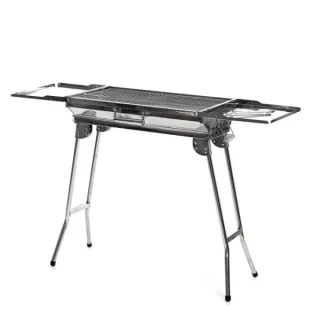 Innovagoods ExelQ Barbacoa Portatil de Acero Inoxidable - Plegable - Parrilla Extraible de 57X29cm - Asas de Transporte - Paraviento - Capacidad hasta 1.5kg de Carbon - 81x73x33cm - Color Gr