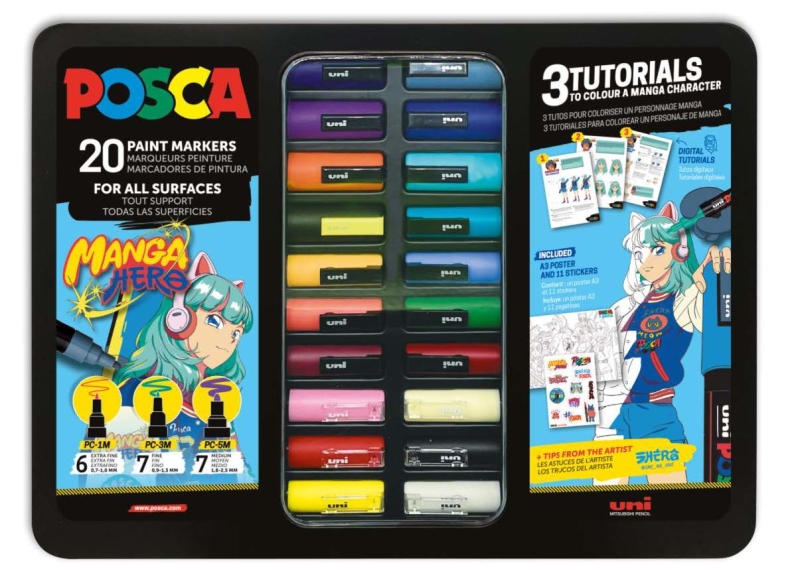 Posca Manga Hero Maleta Metalica con 20 Marcadores de Pintura + 3 Tutoriales - Surtido en Color y Trazo - Punta de Poliester - Tinta Pigmentada Base Agua - Resistente a la Luz - Colores Surt