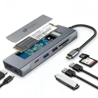 Leotec LEDS07 Docking Station USB C 8 en 1 con Ranura SSD M.2 - HDMI 4K - Power Delivery 100W - USB 3.2 y USB C 10Gbps - Lector SD y MicroSD - Compatible SSD NVMe y SATA - Cuerpo de Aluminio