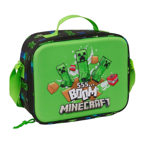 Safta Minecraft Boom Bolsa Isotermica Porta Alimentos - Frontal 3D - Cremallera - Bandolera Ajustable - Asa de Mano - 25x19.5x9cm - Color Verde y Negro