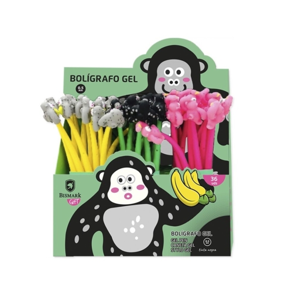 Bismark Animals Gorila Boligrafo Tacto Soft con Divertidos Gorilas - Punta Fina - Tinta Gel Color Negro - 3 Diseños Diferentes · Pack de 36 uds.