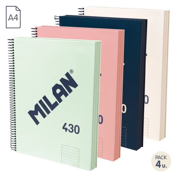 Milan 430 Since 1918 Pack de 4 Cuadernos A4 con Espiral - Papel a Lineas de 7mm - 120 Hojas de 95g - Tapa Dura - Colores Surtidos