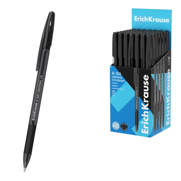 ErichKrause R-301 Stick and Grip Original Boligrafo con Capuchon - Punta de 1.0mm - Cuerpo Transparente - Trazo 0.5mm - Zona de Agarre de Goma - Tinta de Secado Rapido - Tapa Ventilada - Color Negro · Pack de 50 uds.