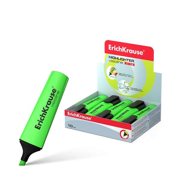 Erichkrause Visioline V-12 Marcador Fluorescente - Punta Biselada - Tinta a Base de Agua - Color Verde · Pack de 10 uds.